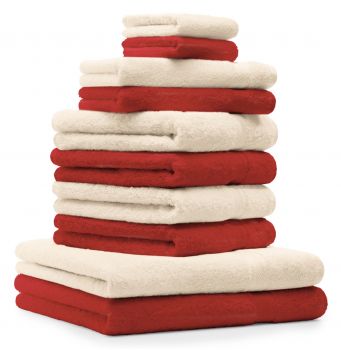 Betz 10-tlg. Handtuch-Set PREMIUM 100%Baumwolle 2 Duschtücher 4 Handtücher 2 Gästetücher 2 Waschhandschuhe Farbe Rot & Beige