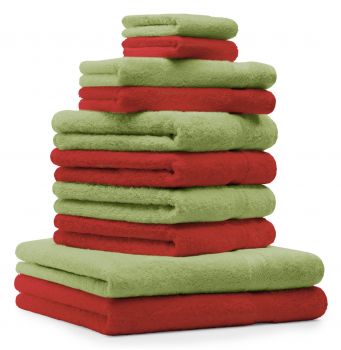 Betz Set di 10 asciugamani Premium 2 asciugamani da doccia 4 asciugamani 2 asciugamani per ospiti 2 guanti da bagno 100% cotone colore rosso e verde mela