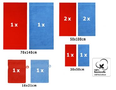 Betz 10-tlg. Handtuch-Set PREMIUM 100%Baumwolle 2 Duschtücher 4 Handtücher 2 Gästetücher 2 Waschhandschuhe Farbe Rot & Hell Blau