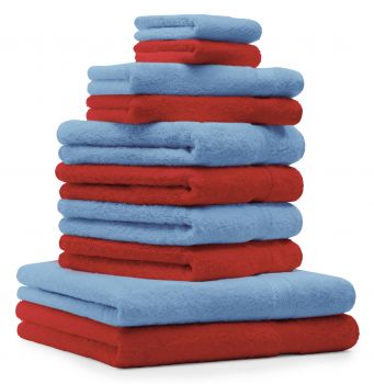 Betz 10-tlg. Handtuch-Set PREMIUM 100%Baumwolle 2 Duschtücher 4 Handtücher 2 Gästetücher 2 Waschhandschuhe Farbe Rot & Hell Blau