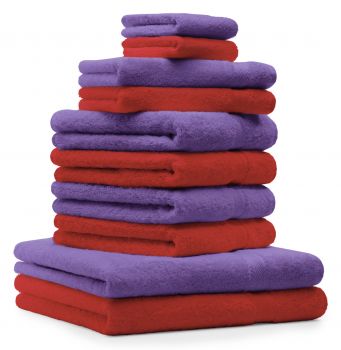 Betz 10-tlg. Handtuch-Set PREMIUM 100%Baumwolle 2 Duschtücher 4 Handtücher 2 Gästetücher 2 Waschhandschuhe Farbe Rot & Lila