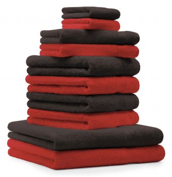 Betz 10 Piece Towel Set PREMIUM 100% Cotton 2 Wash Mitts 2 Guest Towels 4 Hand Towels 2 Bath Towels Colour: red & dark brown
