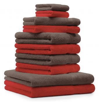 Betz 10 Piece Towel Set PREMIUM 100% Cotton 2 Wash Mitts 2 Guest Towels 4 Hand Towels 2 Bath Towels Colour: red & hazel