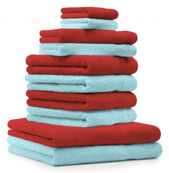Betz 10-tlg. Handtuch-Set PREMIUM 100%Baumwolle 2 Duschtücher 4 Handtücher 2 Gästetücher 2 Waschhandschuhe Farbe Rot & Türkis