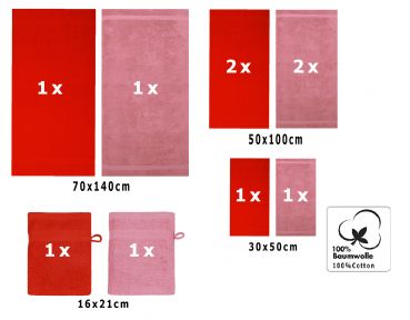 Betz 10-tlg. Handtuch-Set PREMIUM 100%Baumwolle 2 Duschtücher 4 Handtücher 2 Gästetücher 2 Waschhandschuhe Farbe Rot & Altrosa