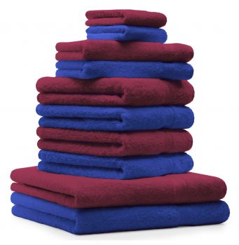 Betz 10-tlg. Handtuch-Set PREMIUM 100%Baumwolle 2 Duschtücher 4 Handtücher 2 Gästetücher 2 Waschhandschuhe Farbe Royal Blau & Dunkel Rot