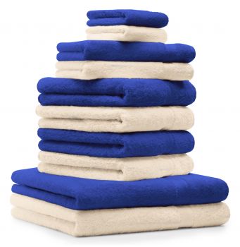 Betz 10-tlg. Handtuch-Set PREMIUM 100%Baumwolle 2 Duschtücher 4 Handtücher 2 Gästetücher 2 Waschhandschuhe Farbe Royal Blau & Beige