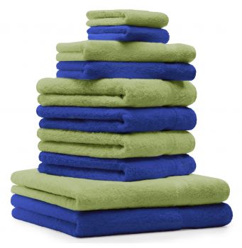 Betz Set di 10 asciugamani Premium 2 asciugamani da doccia 4 asciugamani 2 asciugamani per ospiti 2 guanti da bagno 100% cotone colore blu reale e verde mela