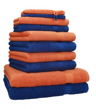 Betz 10-tlg. Handtuch-Set PREMIUM 100%Baumwolle 2 Duschtücher 4 Handtücher 2 Gästetücher 2 Waschhandschuhe Farbe Royal Blau & Orange Terra