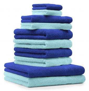 Betz 10-tlg. Handtuch-Set PREMIUM 100%Baumwolle 2 Duschtücher 4 Handtücher 2 Gästetücher 2 Waschhandschuhe Farbe Royal Blau & Türkis