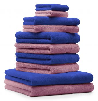 Betz Set di 10 asciugamani Premium 2 asciugamani da doccia 4 asciugamani 2 asciugamani per ospiti 2 guanti da bagno 100% cotone colore blu reale e rosa antico