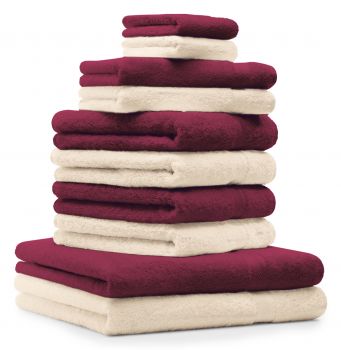 Betz Juego de 10 toallas PREMIUM 100% algodón en rojo oscuro y beige