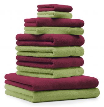 Betz Set di 10 asciugamani Premium 2 asciugamani da doccia 4 asciugamani 2 asciugamani per ospiti 2 guanti da bagno 100% cotone colore rosso scuro e verde mela