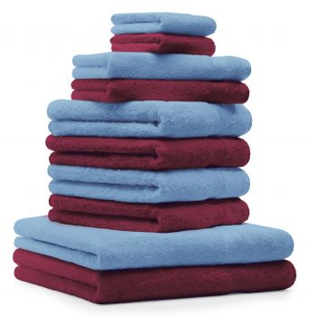 Betz 10 Piece Towel Set PREMIUM 100% Cotton 2 Wash Mitts 2 Guest Towels 4 Hand Towels 2 Bath Towels Colour: dark red & light blue