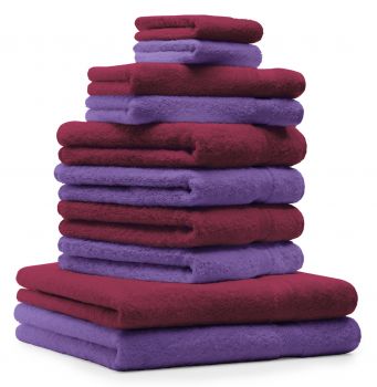 Betz Set di 10 asciugamani Premium 2 asciugamani da doccia 4 asciugamani 2 asciugamani per ospiti 2 guanti da bagno 100% cotone colore rosso scuro e lilla