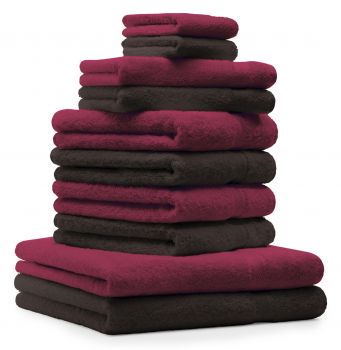 Betz Set di 10 asciugamani Premium 2 asciugamani da doccia 4 asciugamani 2 asciugamani per ospiti 2 guanti da bagno 100% cotone colore rosso scuro e marrone scuro