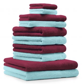 Betz Juego de 10 toallas PREMIUM 100% algodón en rojo oscuro y turquesa