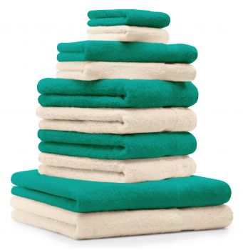 Betz 10 Piece Towel Set PREMIUM 100% Cotton 2 Wash Mitts 2 Guest Towels 4 Hand Towels 2 Bath Towels Colour: emerald green & beige