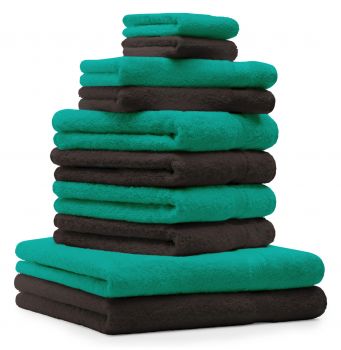 Betz Set di 10 asciugamani Premium 2 asciugamani da doccia 4 asciugamani 2 asciugamani per ospiti 2 guanti da bagno 100% cotone colore verde smeraldo e marrone scuro