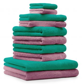 Betz Set di 10 asciugamani Premium 2 asciugamani da doccia 4 asciugamani 2 asciugamani per ospiti 2 guanti da bagno 100% cotone colore verde smeraldo e rosa antico