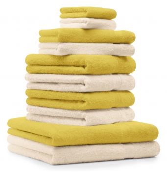 Betz 10-tlg. Handtuch-Set PREMIUM 100%Baumwolle 2 Duschtücher 4 Handtücher 2 Gästetücher 2 Waschhandschuhe Farbe Gelb & Beige