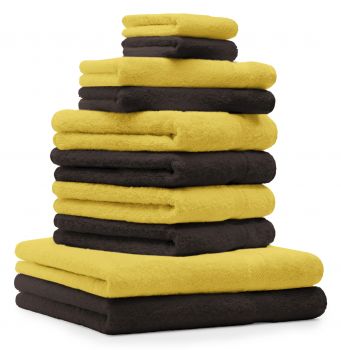 Lot de 10 serviettes Premium jaune et marron foncé, 2 serviettes de bain, 4 serviettes de toilette, 2 serviettes d'invité et 2 gants de toilette de Betz
