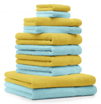 Betz 10 Piece Towel Set PREMIUM 100% Cotton 2 Wash Mitts 2 Guest Towels 4 Hand Towels 2 Bath Towels Colour: yellow & turquoise
