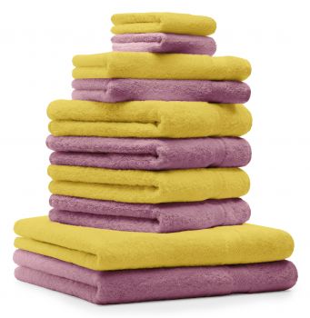 Betz 10 Piece Towel Set PREMIUM 100% Cotton 2 Wash Mitts 2 Guest Towels 4 Hand Towels 2 Bath Towels Colour: yellow & old rose