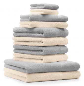 Betz Juego de 10 toallas PREMIUM 100% algodón en gris plata y beige