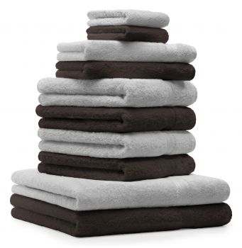 Betz Set di 10 asciugamani Premium 2 asciugamani da doccia 4 asciugamani 2 asciugamani per ospiti 2 guanti da bagno 100% cotone colore grigio argento e marrone scuro