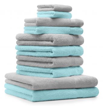 Betz 10 Piece Towel Set PREMIUM 100% Cotton 2 Wash Mitts 2 Guest Towels 4 Hand Towels 2 Bath Towels Colour: silver grey & turquoise