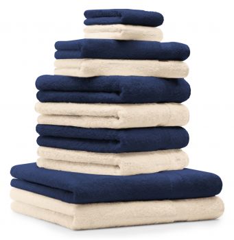 Betz 10-tlg. Handtuch-Set PREMIUM 100%Baumwolle 2 Duschtücher 4 Handtücher 2 Gästetücher 2 Waschhandschuhe Farbe Dunkel Blau & Beige