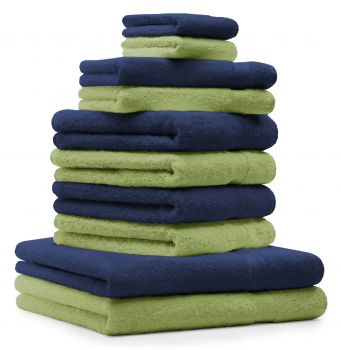 Betz Set di 10 asciugamani Premium 2 asciugamani da doccia 4 asciugamani 2 asciugamani per ospiti 2 guanti da bagno 100% cotone colore blu scuro e verde mela