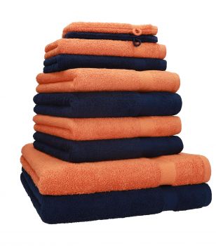 Betz Set di 10 asciugamani Premium 2 asciugamani da doccia 4 asciugamani 2 asciugamani per ospiti 2 guanti da bagno 100% cotone colore blu scuro e arancione