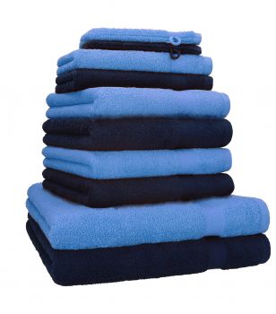 Betz 10-tlg. Handtuch-Set PREMIUM 100%Baumwolle 2 Duschtücher 4 Handtücher 2 Gästetücher 2 Waschhandschuhe Farbe Dunkel Blau & Hell Blau