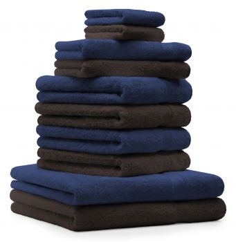 Betz 10 Piece Towel Set PREMIUM 100% Cotton 2 Wash Mitts 2 Guest Towels 4 Hand Towels 2 Bath Towels Colour: dark blue & dark brown