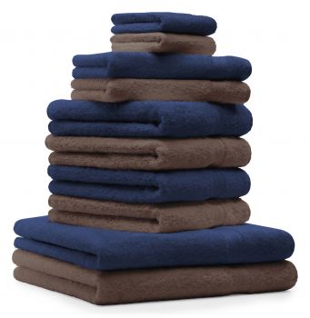Betz 10-tlg. Handtuch-Set PREMIUM 100%Baumwolle 2 Duschtücher 4 Handtücher 2 Gästetücher 2 Waschhandschuhe Farbe Dunkel Blau & Nuss Braun