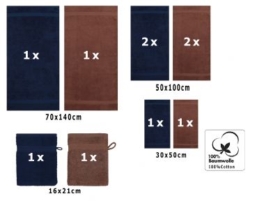 Betz Juego de 10 toallas PREMIUM 100% algodón en azul marino y marrón nuez
