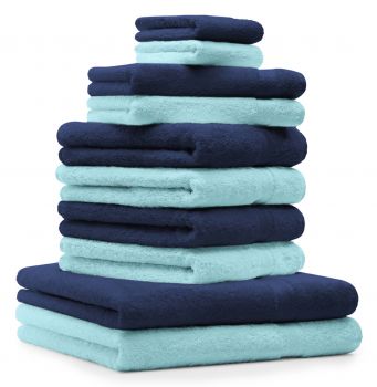 Betz Set di 10 asciugamani Premium 2 asciugamani da doccia 4 asciugamani 2 asciugamani per ospiti 2 guanti da bagno 100% cotone colore blu scuro e turchese