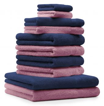 Betz 10-tlg. Handtuch-Set PREMIUM 100%Baumwolle 2 Duschtücher 4 Handtücher 2 Gästetücher 2 Waschhandschuhe Farbe Dunkel Blau & Altrosa