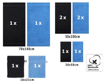 Betz 10-tlg. Handtuch-Set PREMIUM 100%Baumwolle 2 Duschtücher 4 Handtücher 2 Gästetücher 2 Waschhandschuhe Farbe Schwarz & Hell Blau