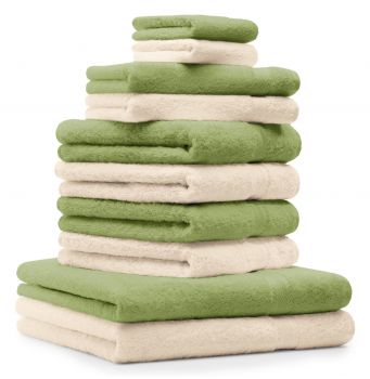 Betz 10-tlg. Handtuch-Set PREMIUM 100%Baumwolle 2 Duschtücher 4 Handtücher 2 Gästetücher 2 Waschhandschuhe Farbe Beige & Apfel Grün