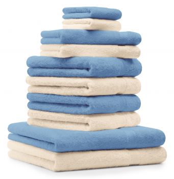 Betz 10-tlg. Handtuch-Set PREMIUM 100%Baumwolle 2 Duschtücher 4 Handtücher 2 Gästetücher 2 Waschhandschuhe Farbe Beige & Hell Blau