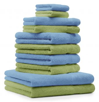 Betz 10-tlg. Handtuch-Set PREMIUM 100%Baumwolle 2 Duschtücher 4 Handtücher 2 Gästetücher 2 Waschhandschuhe Farbe Apfel Grün & Hell Blau
