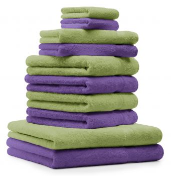 Betz 10-tlg. Handtuch-Set PREMIUM 100%Baumwolle 2 Duschtücher 4 9Handtücher 2 Gästetücher 2 Waschhandschuhe Farbe Apfel Grün & Lila