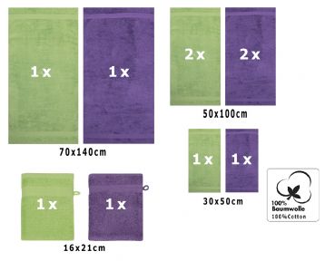 Betz Set di 10 asciugamani Premium 2 asciugamani da doccia 4 asciugamani 2 asciugamani per ospiti 2 guanti da bagno 100% cotone colore verde mela e lilla