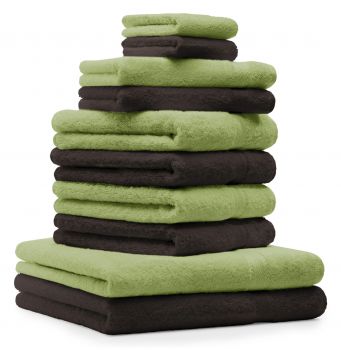Betz Set di 10 asciugamani Premium 2 asciugamani da doccia 4 asciugamani 2 asciugamani per ospiti 2 guanti da bagno 100% cotone colore verde mela e marrone scuro