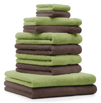 Betz PREMIUM Handtuch-Set - 10 teiliges Handtücher-Set -  2x Duschtücher - 4x Handtücher – 2x Gästetucher – 2x Waschhandschuhe Apfelgrün - Nussbraun
