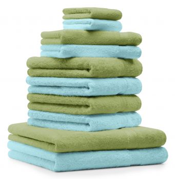Betz 10 Piece Towel Set PREMIUM 100% Cotton 2 Wash Mitts 2 Guest Towels 4 Hand Towels 2 Bath Towels Colour: apple green & turquoise