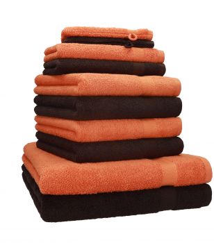 Betz 10-tlg. Handtuch-Set PREMIUM 100%Baumwolle 2 Duschtücher 4 Handtücher 2 Gästetücher 2 Waschhandschuhe Farbe Orange Terra & Dunkel Braun